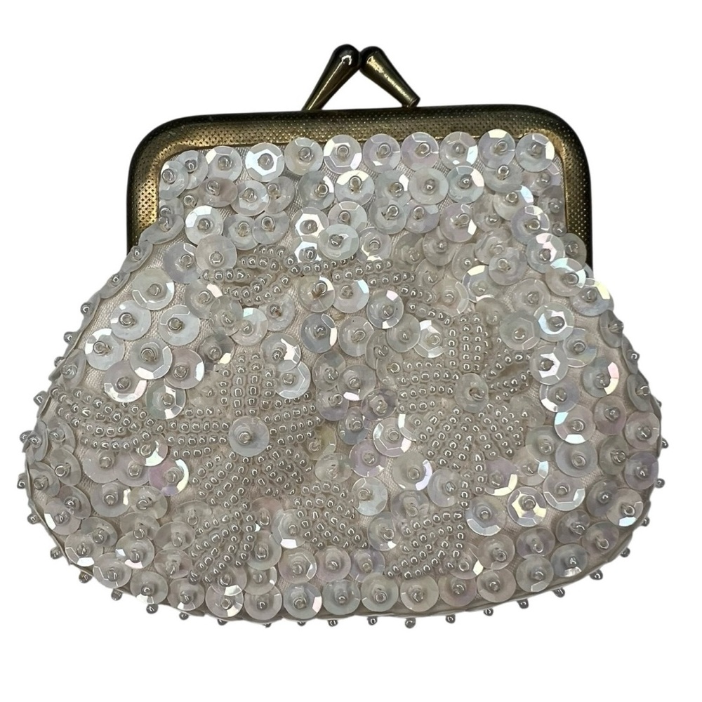 Vintage Beaded Small Coin Purse Gold Clasp Closure Ivory Off White Cocktail